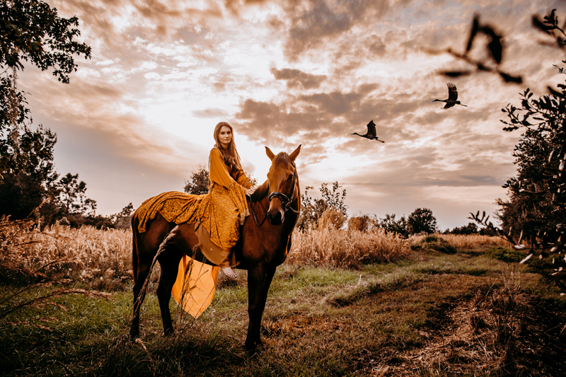 Family Photographer, a woman sits on a horse in a yellow dress, in a field under a cloudy sky